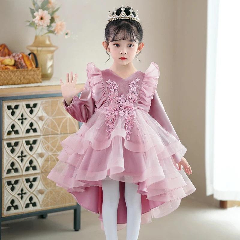 高端轻奢女童公主裙秋冬爆款拖尾礼服裙儿童裙子花童礼服公主裙