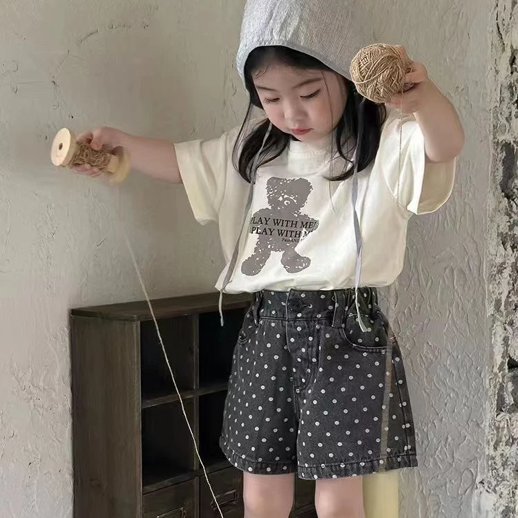 女童夏季套装24年新款休闲时尚百搭印花洋气T恤短袖点子牛仔短裤