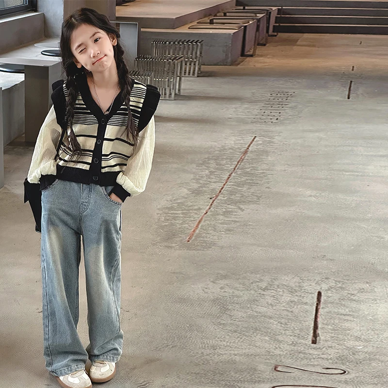 女大童秋季套装潮范洋气2025新款毛衣开衫牛仔阔腿裤子休闲两件套