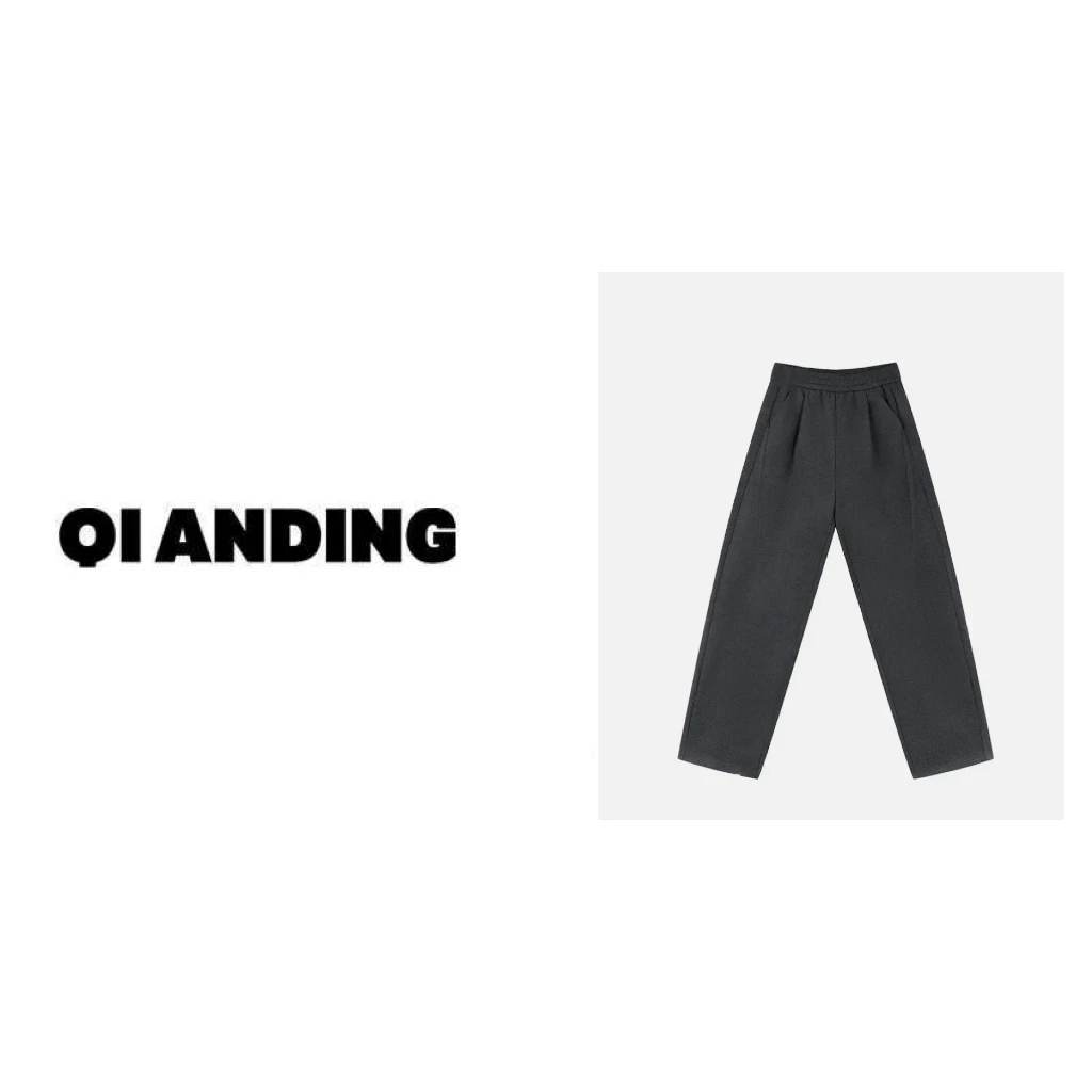 【QIANDING】2024新款“”羊毛裤冬纯色加绒直筒松紧腰休闲裤246873