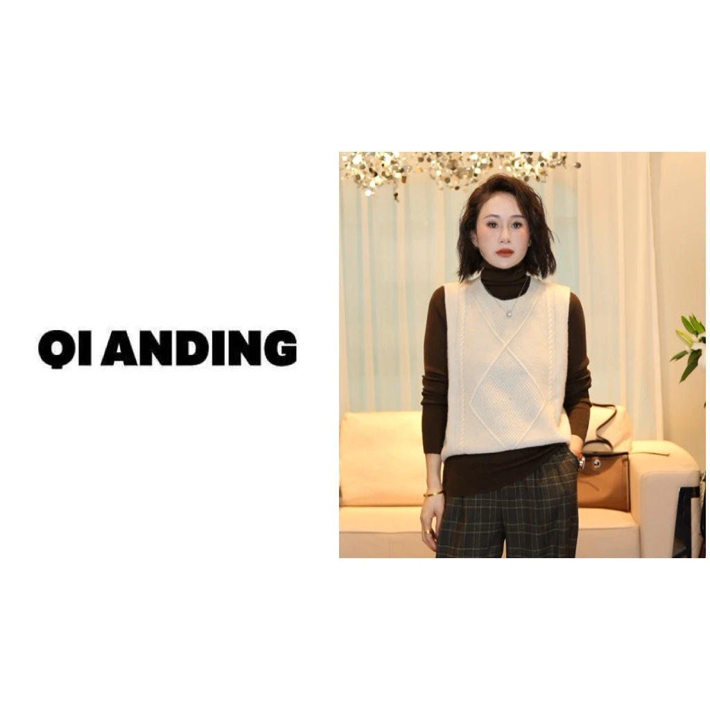 【QIANDING】2024新款设计感麻花针织背心别致圆领上衣246140