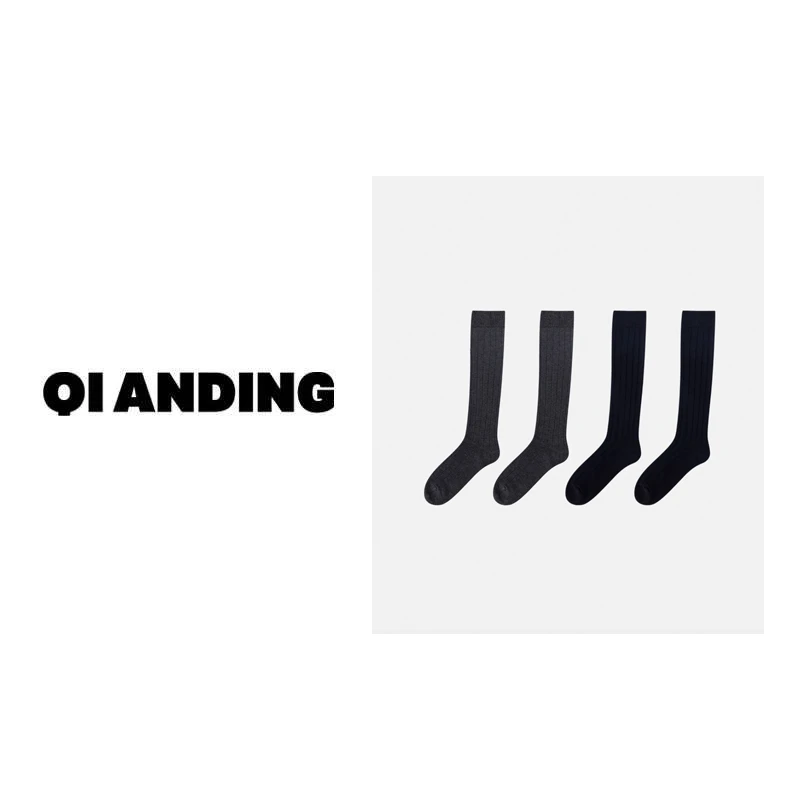 【QIANDING】2024新款女士中筒堆堆袜竖纹显瘦小腿袜2402