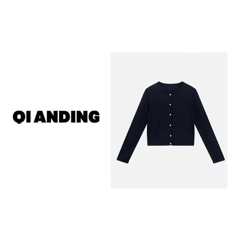 【QIANDING】2024新款"桑蚕丝开衫"棉混纺圆领长袖单排扣开衫241084