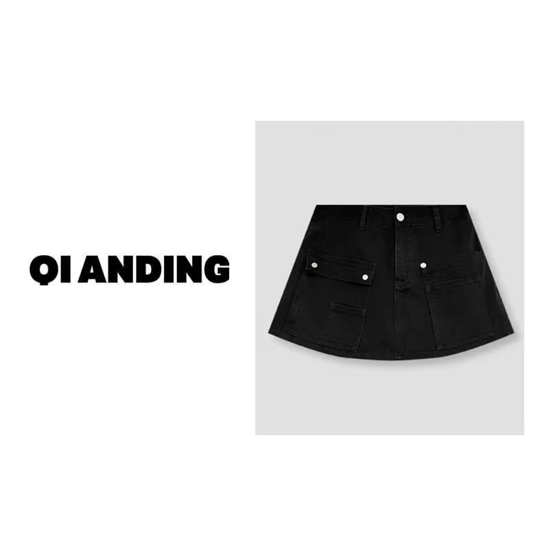 【QIANDING】2024新款'不规则口袋裤裙 "夏季百搭时尚短裤241069