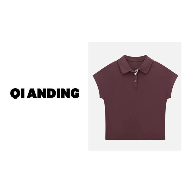 【QIANDING】2024新款“酒红POLO”夏季纯色翻领T恤短袖上衣245009