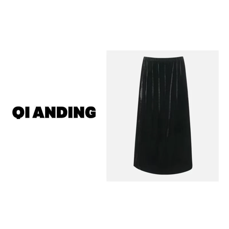 【QIANDING】新款“星光丝绒‘’高腰显瘦闪闪丝绒直筒半身裙247004