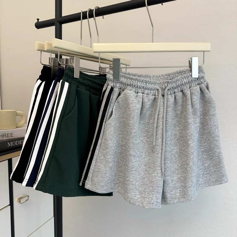韩系条纹高腰阔腿休闲短裤女夏季韩版百搭宽松运动跑步热裤潮ins