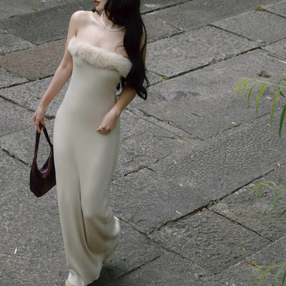清货-秋冬一字肩抹胸修身显瘦内搭长款针织连衣裙冬