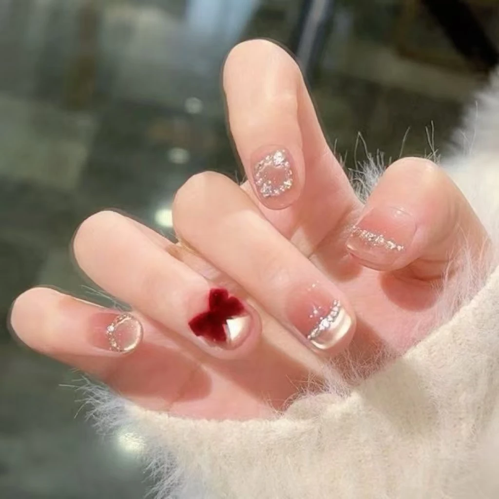 【嗲系千金】野世手工穿戴甲 红丝绒蝴蝶结 拼钻猫眼法式粉嫩少女款