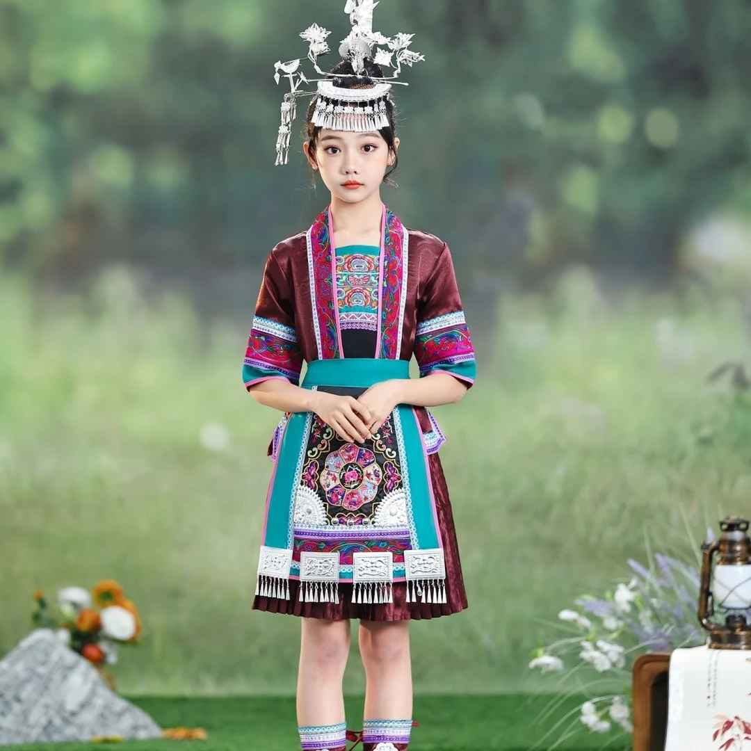 新款儿童侗族百褶裙服装贵州异域风情民族演出服刺绣舞蹈服旅拍