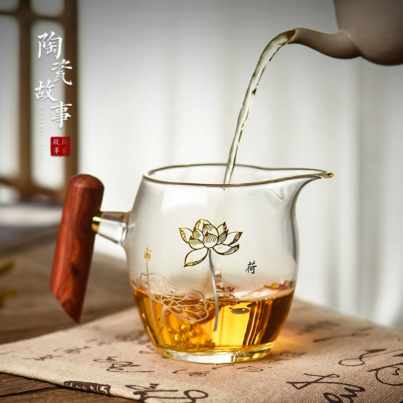 陶瓷故事玻璃公道杯高档公杯茶漏一体木把加厚耐热分茶器日式茶海
