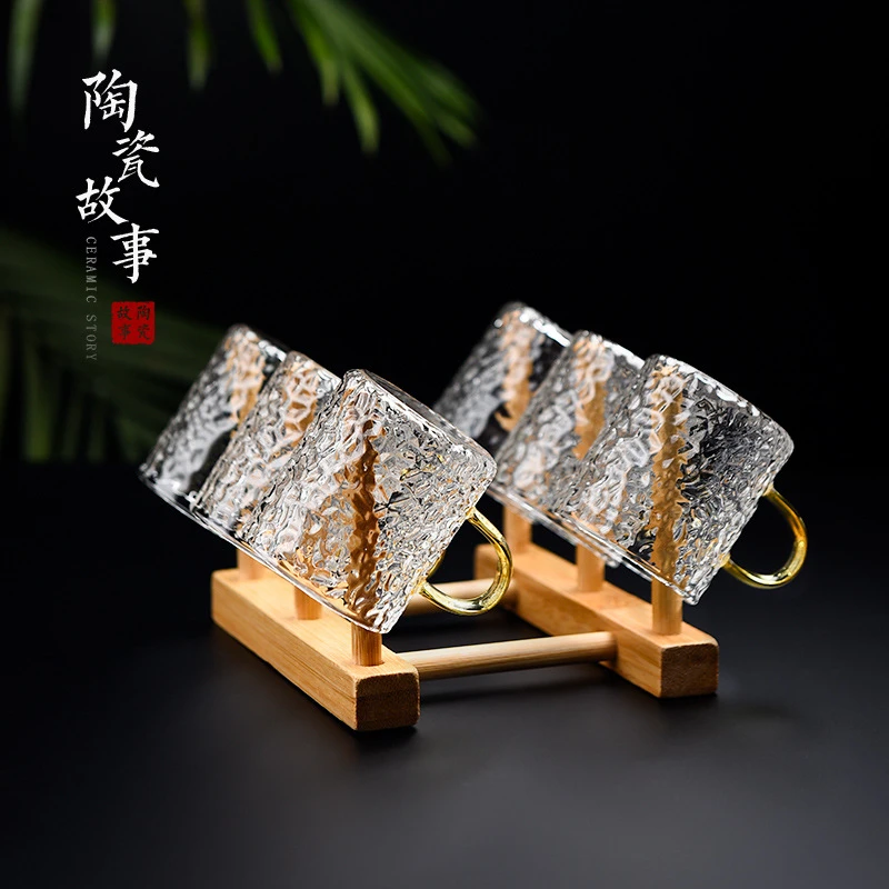 玻璃小茶杯家用带把带杯架茶具功夫茶杯6只装品茗杯