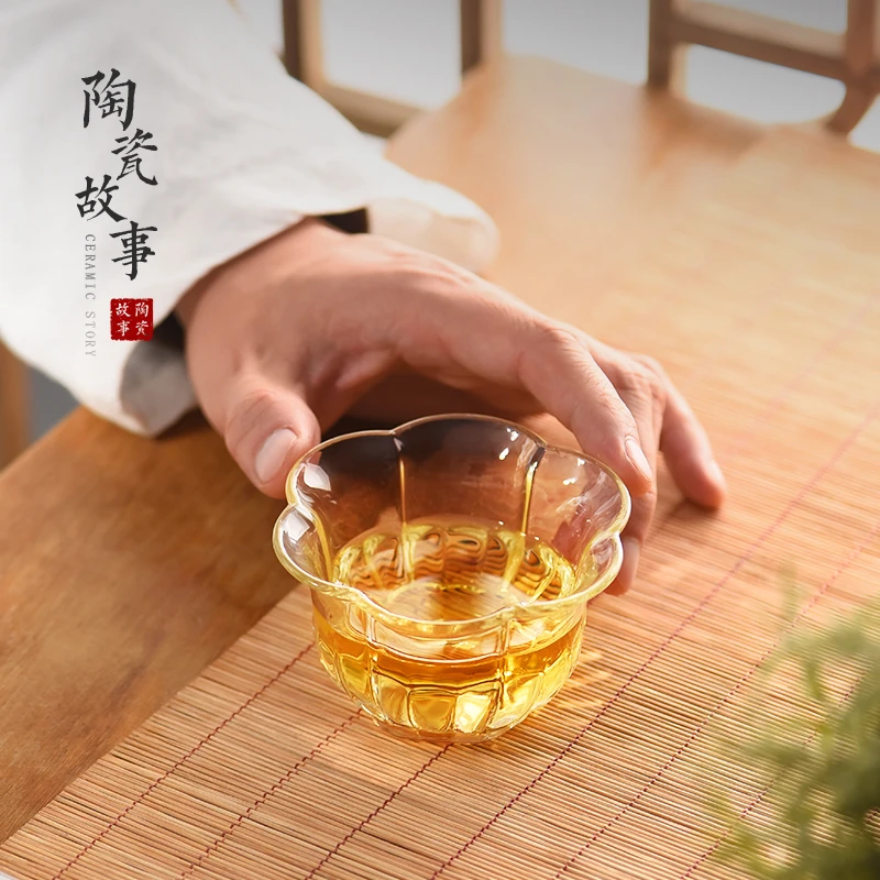 陶瓷故事玻璃品茗杯耐热小茶杯主人杯单杯透明花瓣杯子功夫茶具