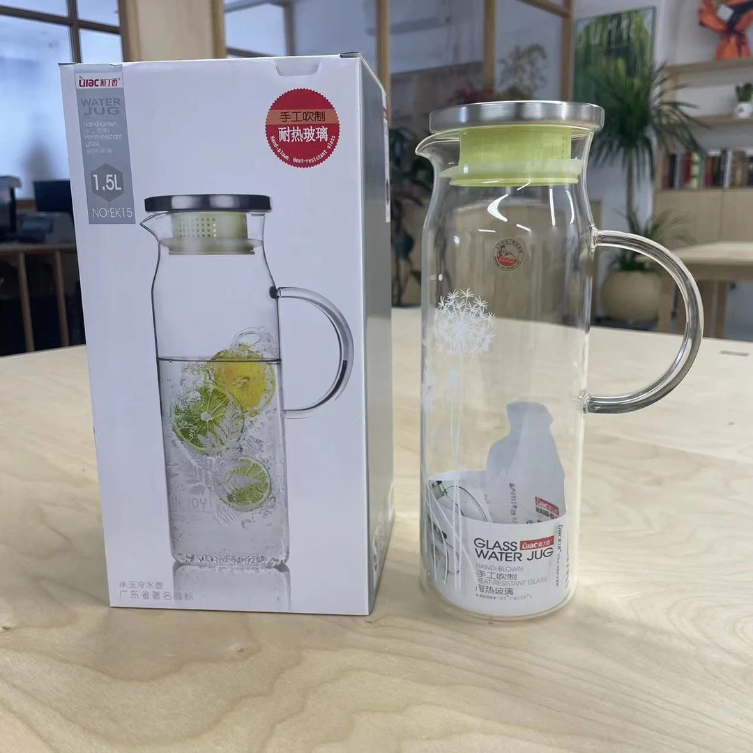 高硼硅耐热玻璃直身印花冷水壶1.5L
