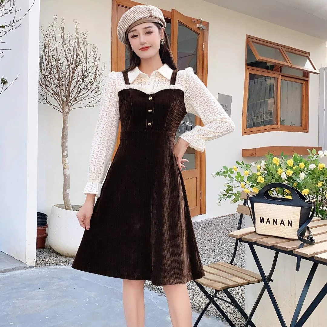 【有加口袋哦】秋冬新款法式时尚拼接假两件气质收腰显瘦蕾丝连衣裙