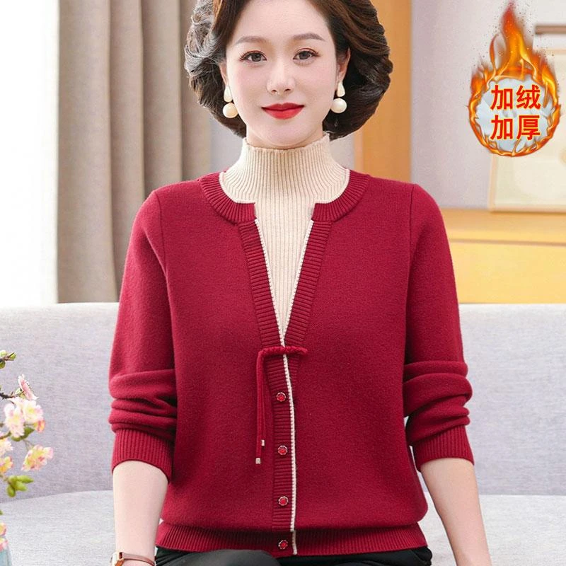中老年女装妈妈装冬装加绒保暖毛衣女洋气一体绒打底衫假两件上衣