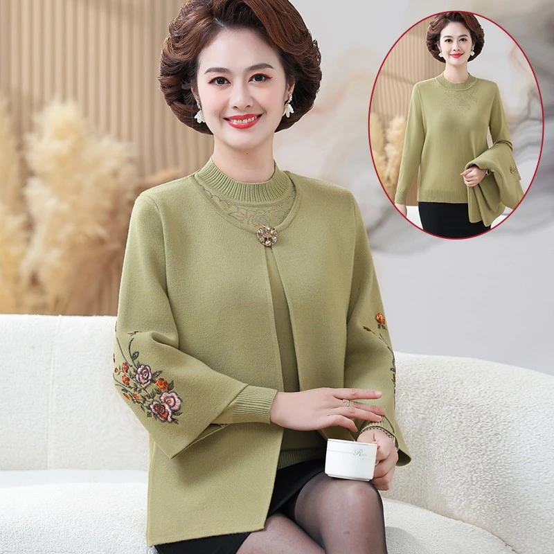 中年妈妈装秋装两件套上衣50岁高贵毛衣短款针织开衫外套套装外穿