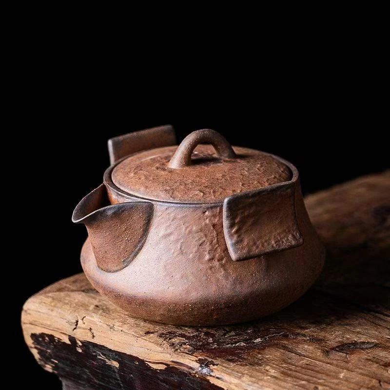 【有福器-石壁尖嘴手抓壶四件套】老岩泥茶壶复古粗陶创意茶壶