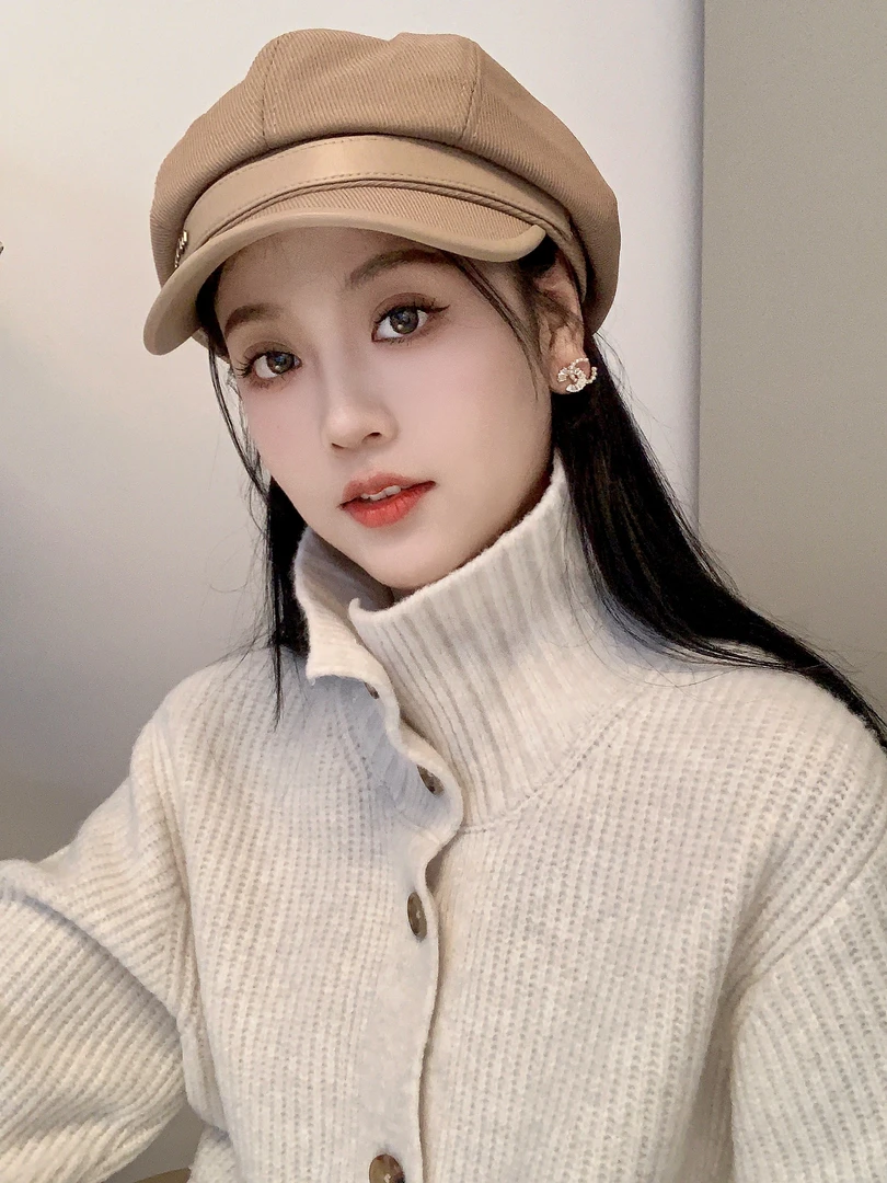 高级感春秋鸭舌帽女日系黑色休闲复古画家贝雷帽显脸小云朵八角帽