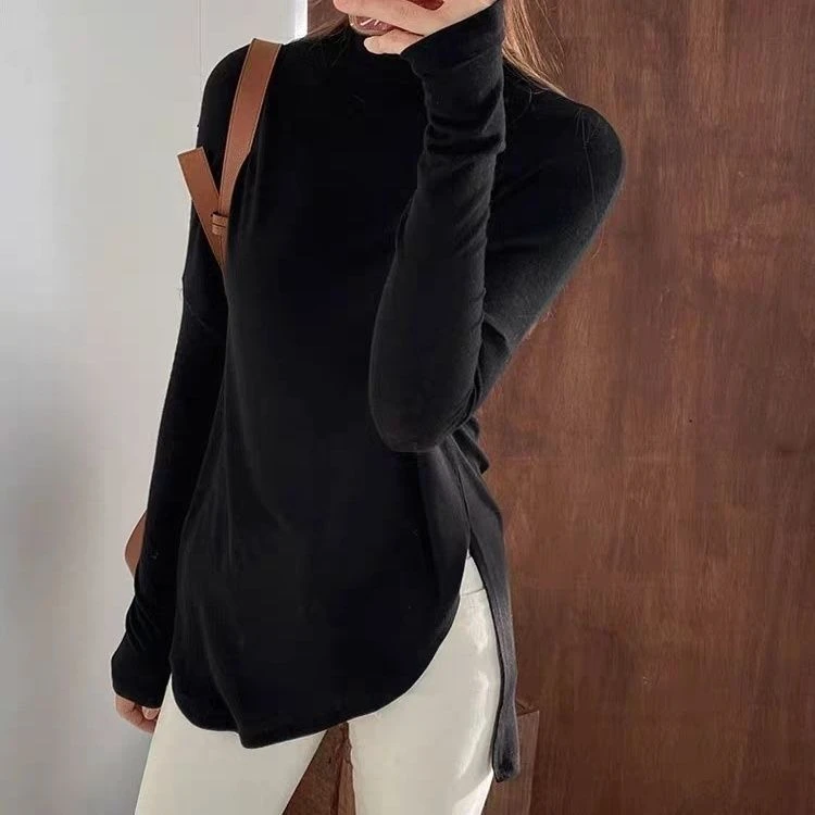 莫代尔加绒高领t恤女长袖2024秋装宽松显瘦中长款内搭薄款打底衫