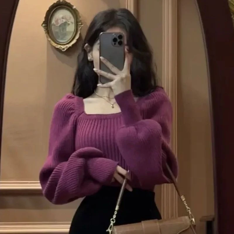 法式复古温柔风方领打底毛衣女冬季内搭气质针织上衣毛衣一字肩