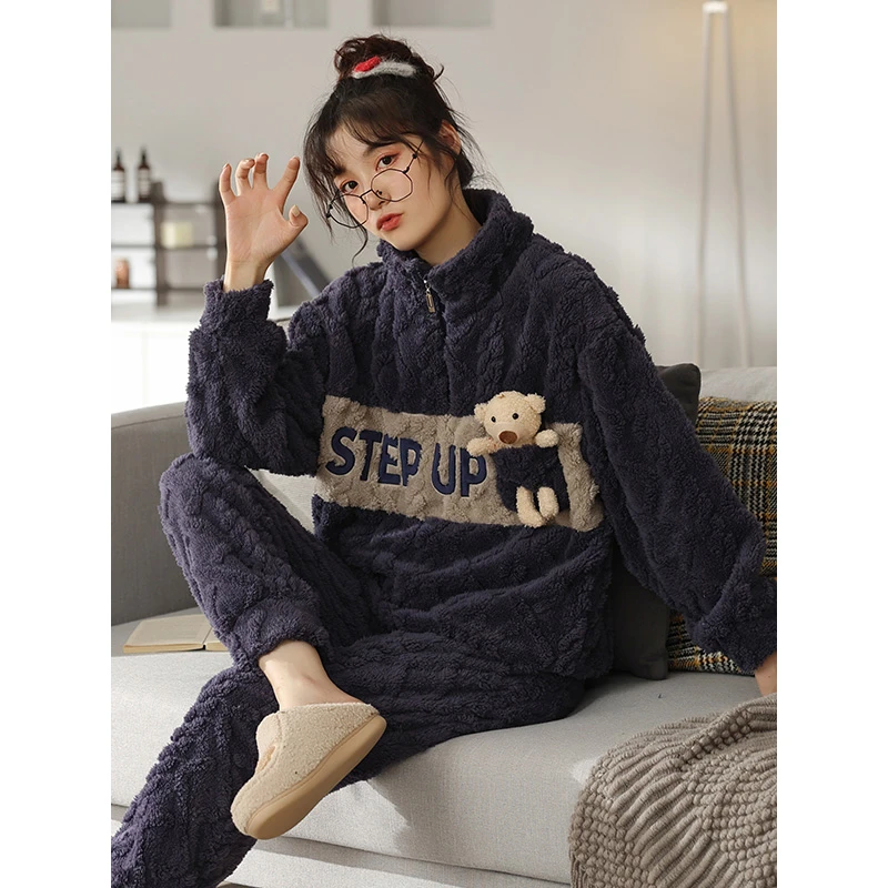 冬款立领毛茸茸加绒加厚宽松休闲舒适时尚大码可外出睡衣女套装