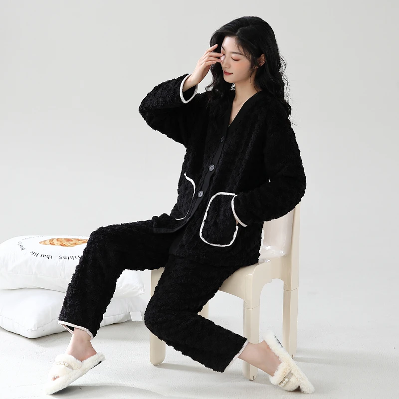 冬款立领毛茸茸加绒加厚宽松休闲舒适时尚大码可外出睡衣女套装