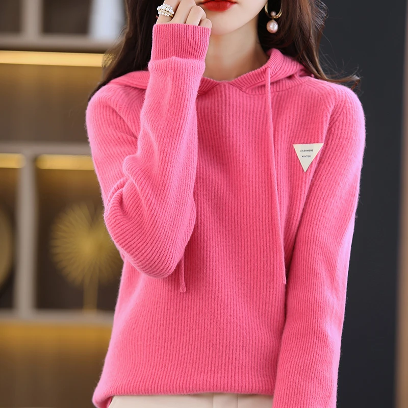 秋冬新款纯羊毛连帽针织衫女韩版长袖羊毛衫套头宽松短款毛衣帽衫