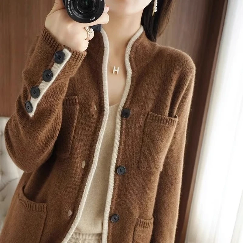 休闲百搭毛衣开衫女2023秋冬季新款宽松显瘦长袖米色针织上衣外套