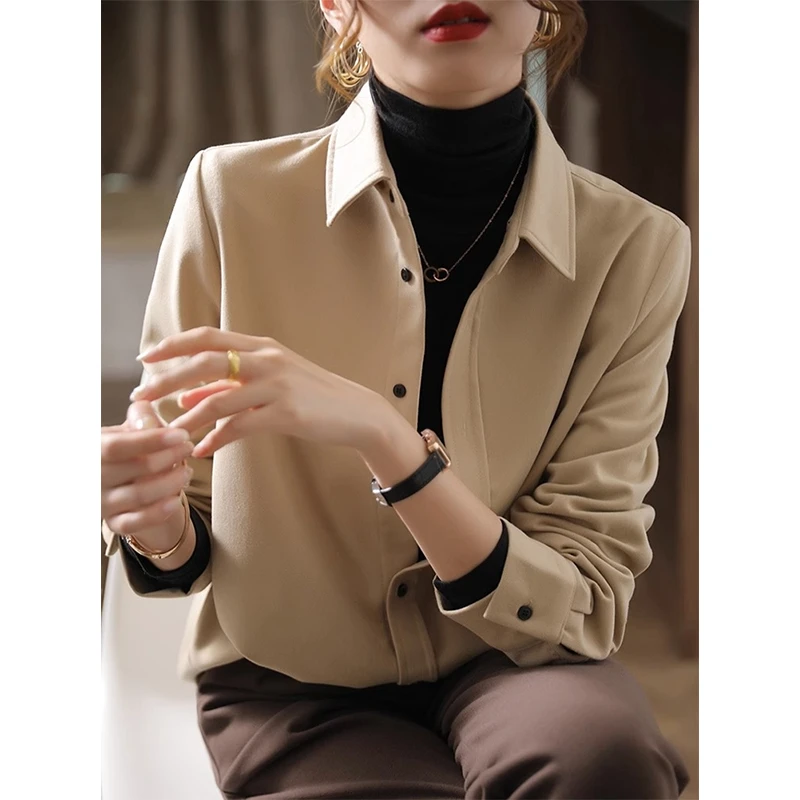 时尚通勤翻领磨毛衬衫女秋冬季新款高级感简约气质叠穿打底上衣
