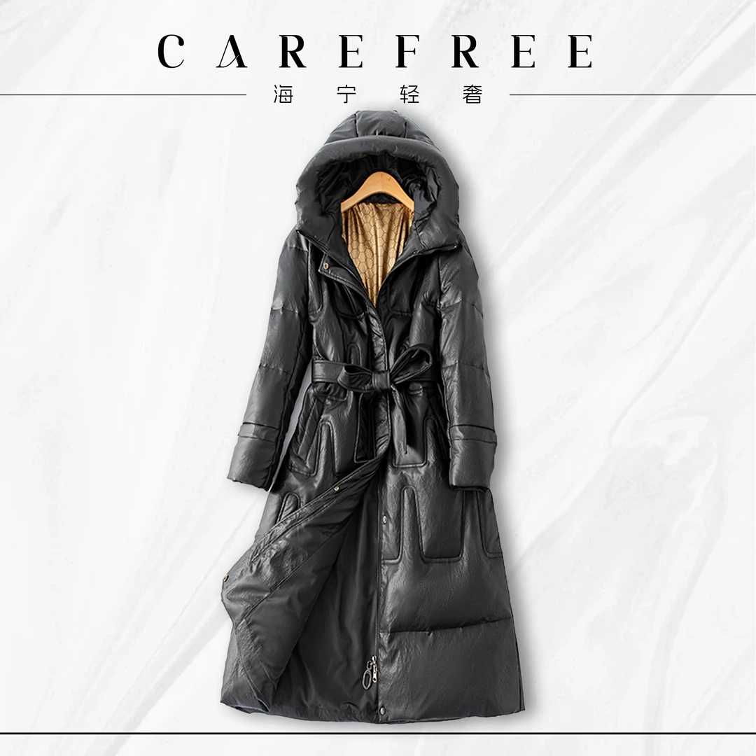 【CAREFREE轻奢】1622海宁真皮女冬季连帽皮羽绒服中长款石墨烯保暖
