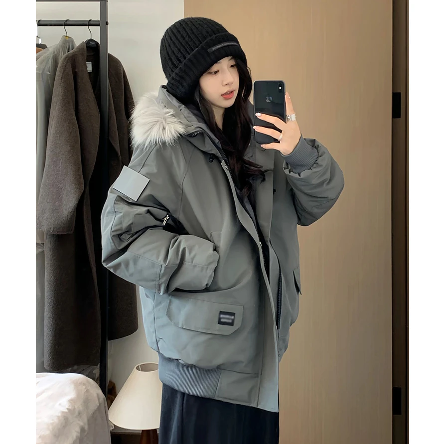 美式复古毛领棉衣外套冬季韩版派克棉袄宽松连帽工装加厚保暖棉服