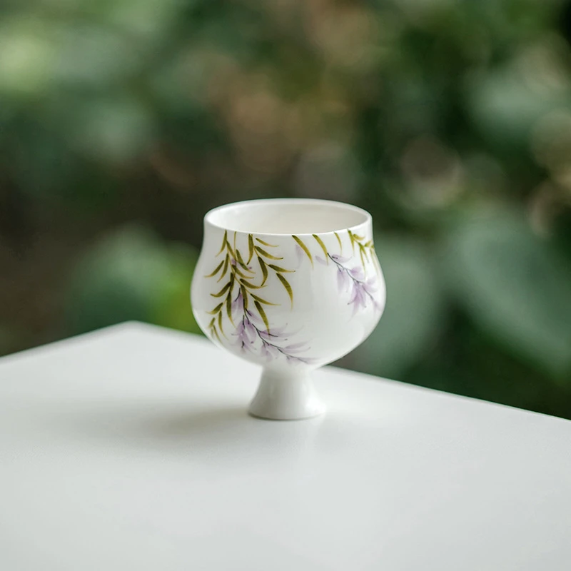 纯手绘紫藤花蛮腰杯陶瓷茶杯主人杯功夫茶具家用高足品茗杯功夫杯