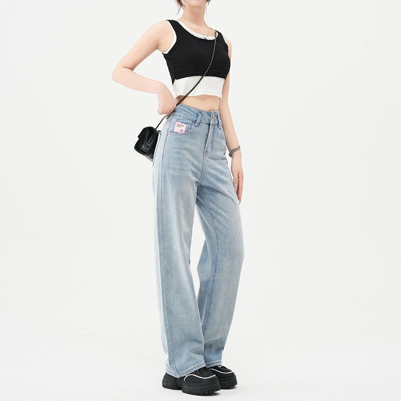 浅色窄版闊腿牛仔褲女春季2024新款高腰垂感小個子寬松直筒拖地褲