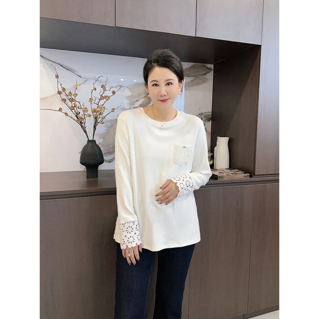 微胖女装【布拉格】双面绒花边口袋T恤长袖打底衫女内搭宽松20550