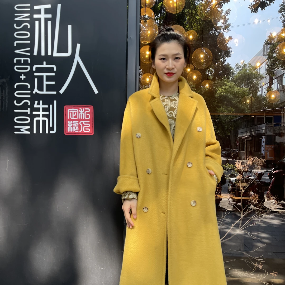 UNSOLVED CUSTOM/未解黄色翻驳领骆马绒秋冬阔版大衣保暖拉风