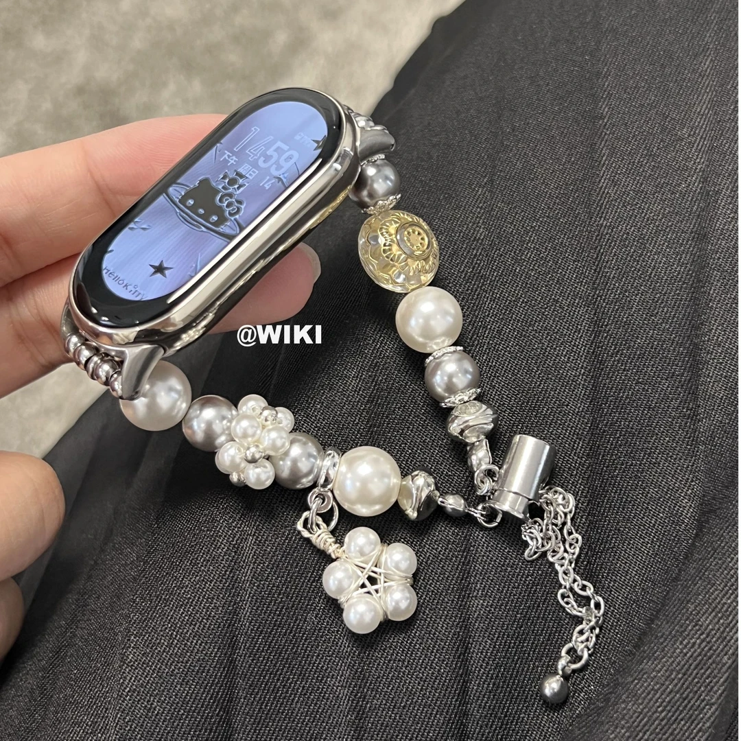 WIKI适用小米手环9/8新款时光轮白珍珠金属链条表带高级感米9pro