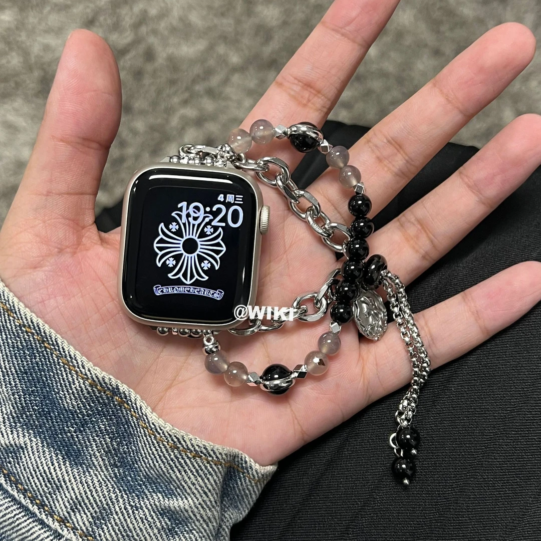 WIKI适用苹果iwatchs9手表人鱼白珍珠表带不锈钢高级黑色s10表链