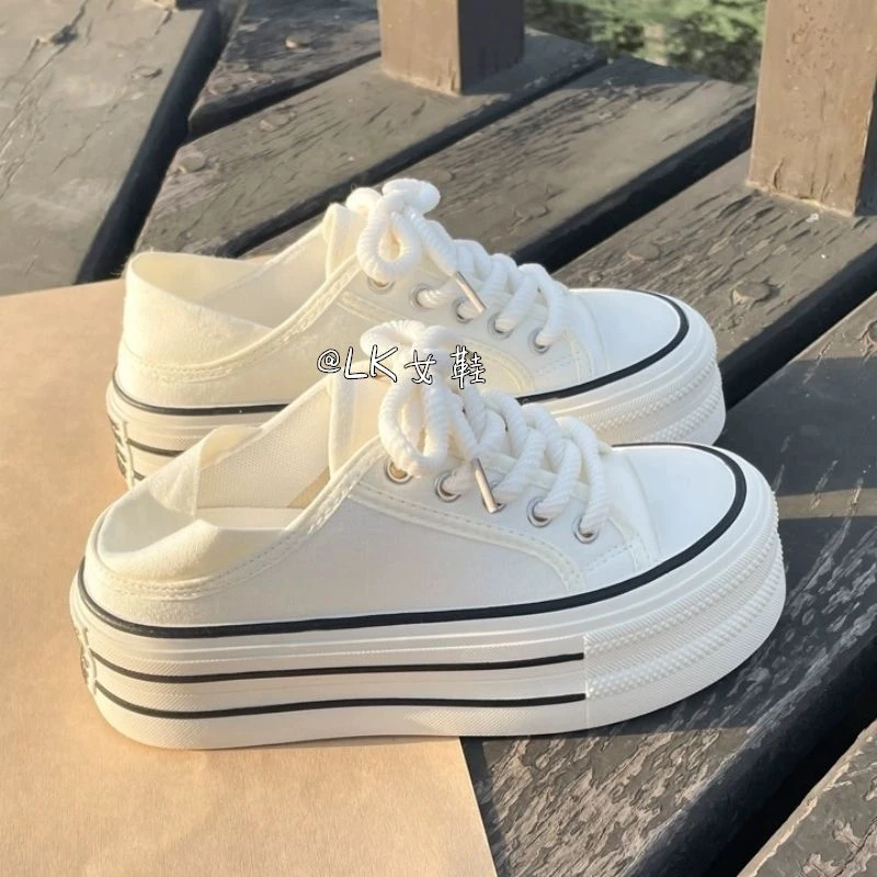 奶白两穿帆布鞋女厚底夏季新款chic小众设计一脚蹬半拖鞋小白鞋子