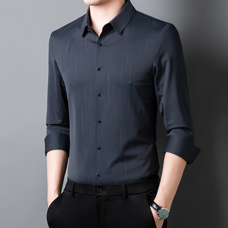 男装男士行政春季条纹长袖无痕衬衫薄款长袖高档休闲春秋季衬衣男