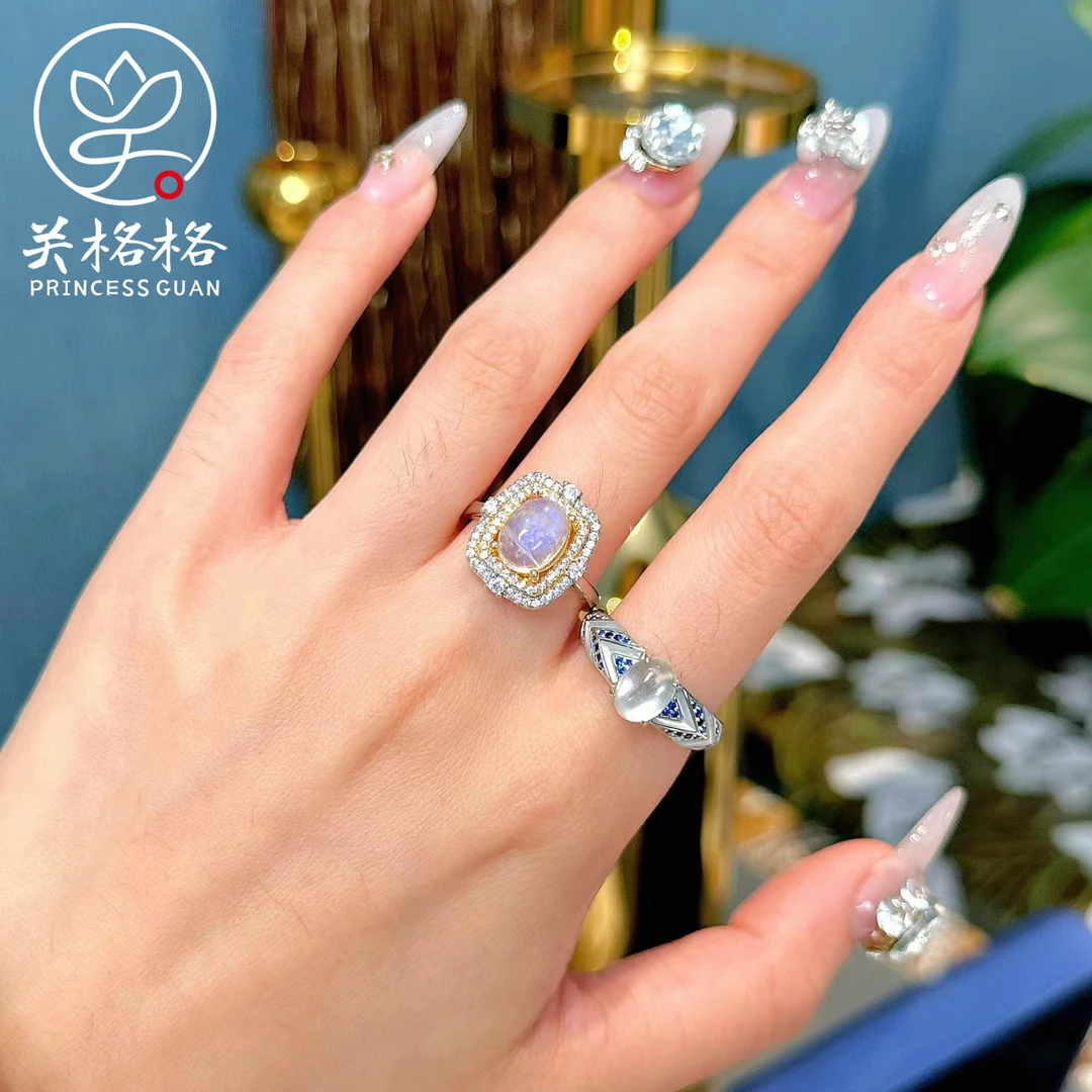 关格格天然印度斯里兰卡强蓝光月光石戒指 宫廷复古风