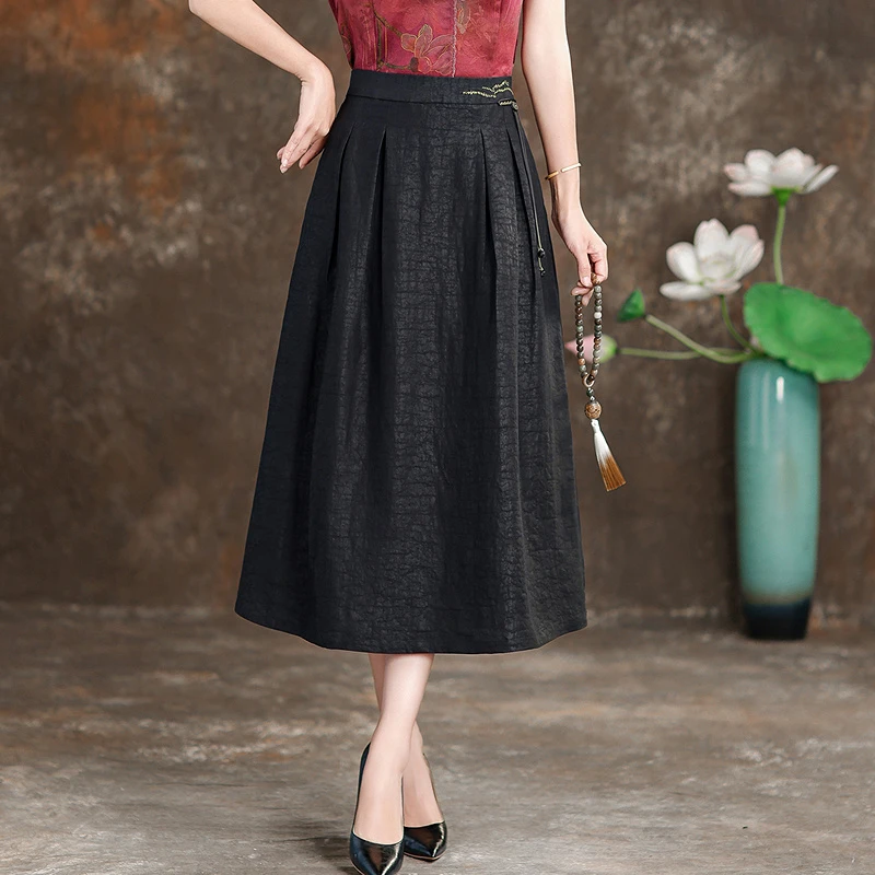 高端重缎香云纱半身裙女2024新款高腰新中式妈妈桑蚕丝A字裙伞裙