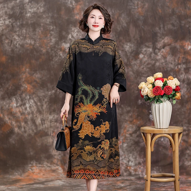 七夕限定-齐黛【凤凰来仪】45姆米重磅香云纱新中式宽松桑蚕丝袍子