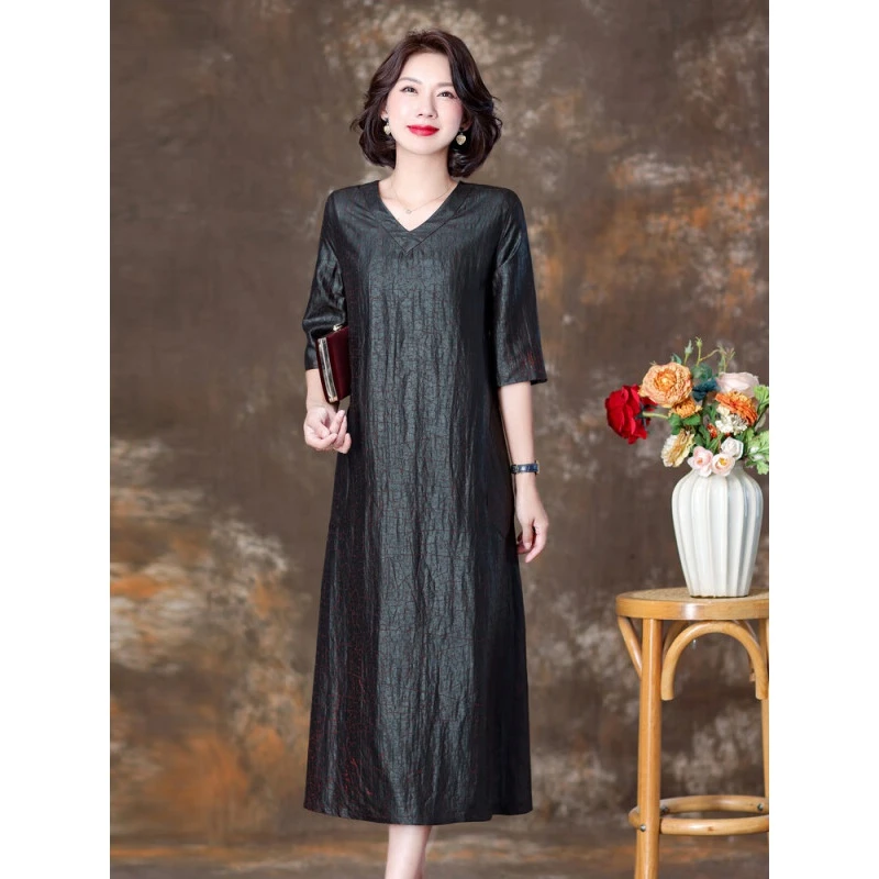 齐黛龟纹香云纱连衣裙女五分袖双面穿v领莨绸真丝袍子高端桑蚕丝