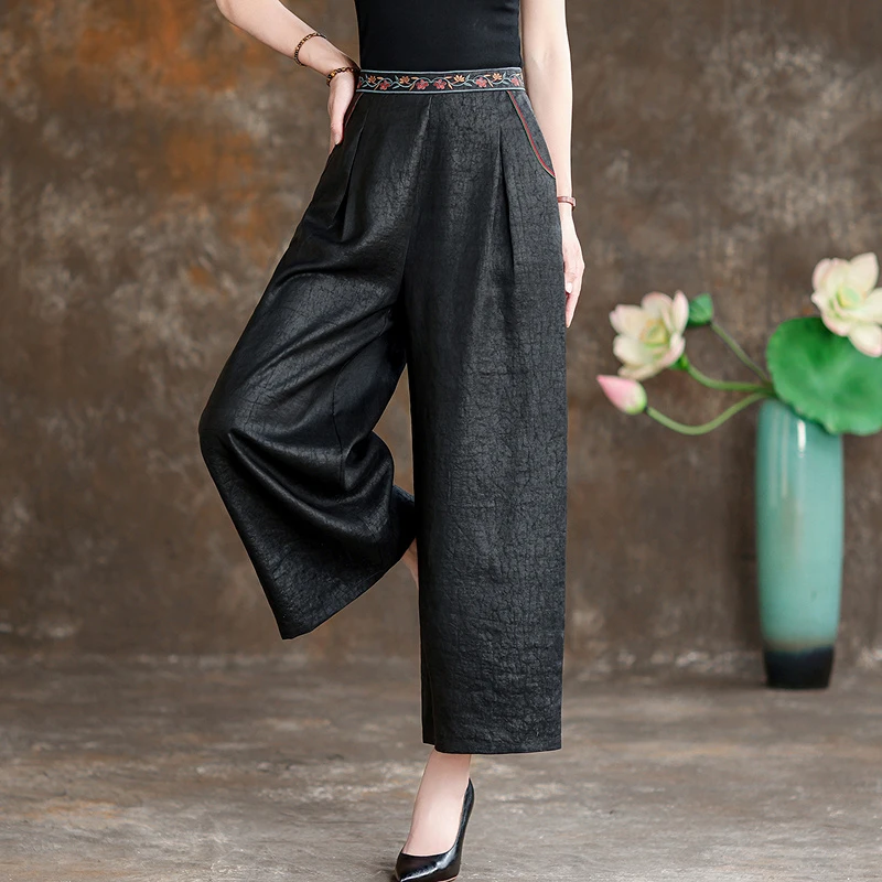 高端龟纹香云纱休闲裤女2024新款高腰刺绣桑蚕丝真丝九分阔腿裤子