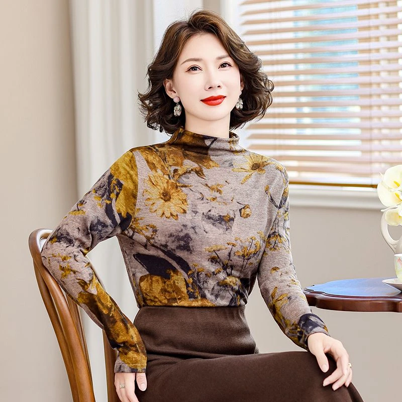 水溶羊毛打底衫女2024秋冬新款印花长袖保暖内搭外穿针织衫上衣