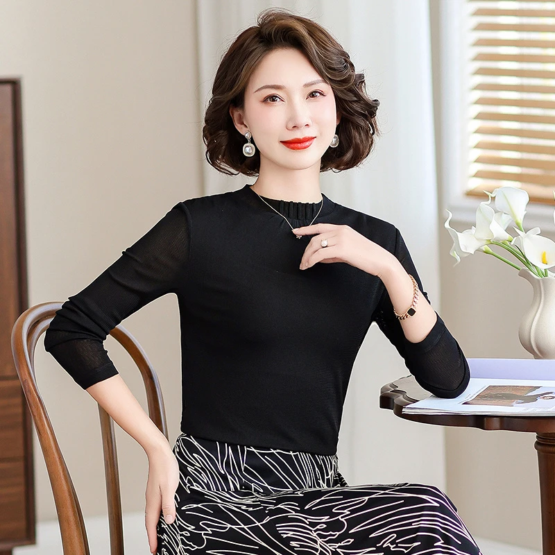 齐黛真丝打底衫女2024春夏新款双层长袖上衣网眼立领桑蚕丝T恤