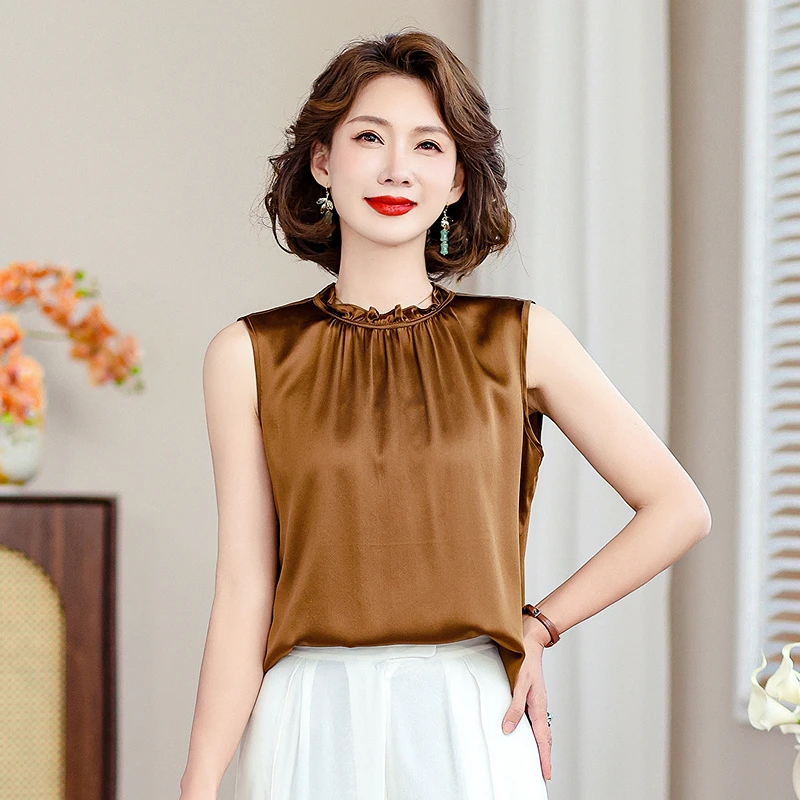 高端品牌真丝上衣女2024新款立领无袖背心气质减龄妈妈桑蚕丝小衫