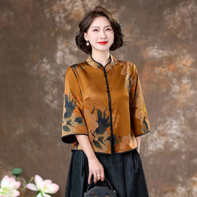 清仓场！齐黛大牌香云纱上衣女新中式缎面提花立领优雅真丝外套