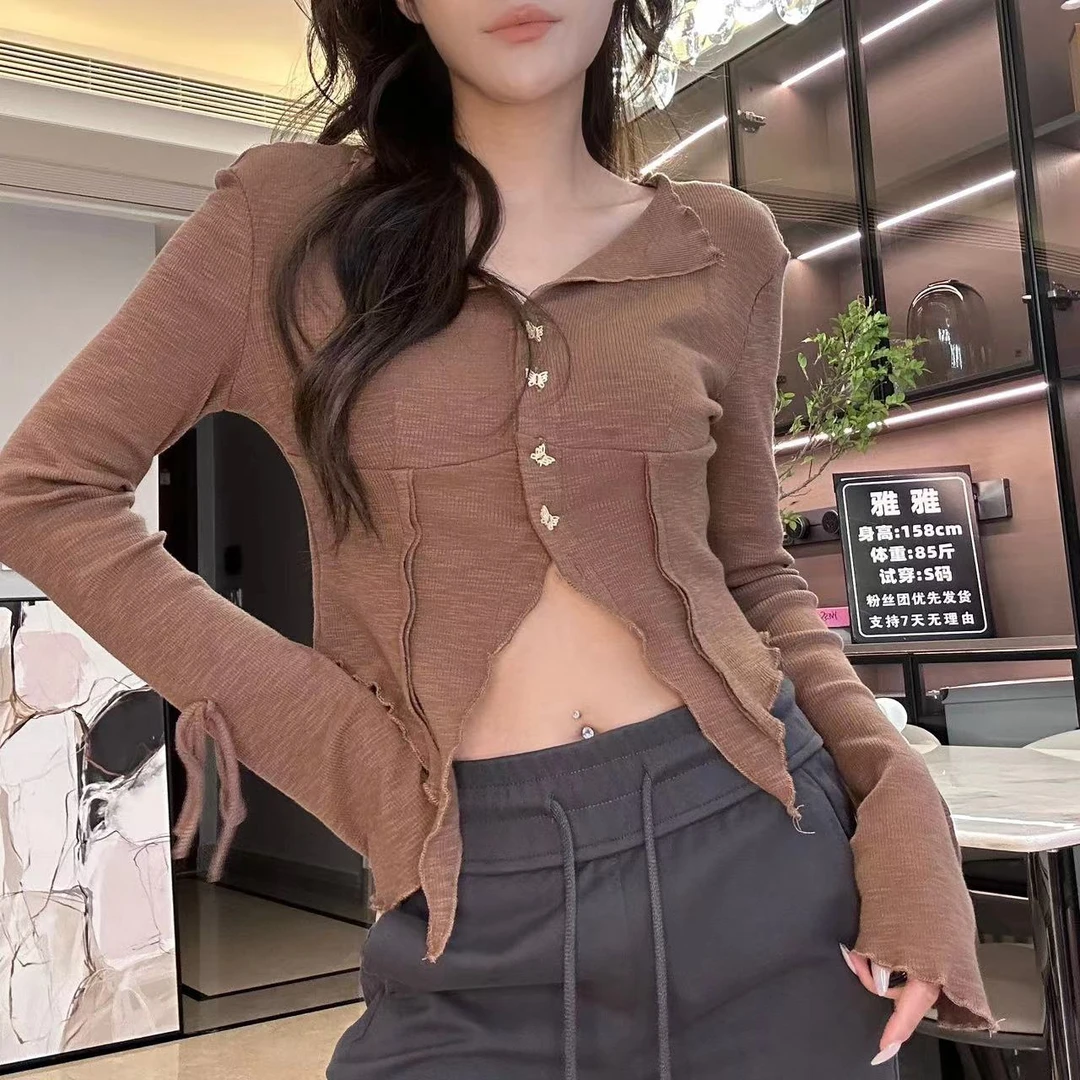 【秋水煮茶】小众长袖显瘦修身时尚气质短款上衣秋季洋气纯欲设计感